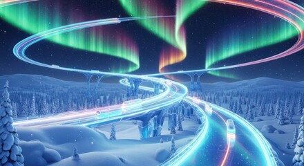 Enchanting aurora borealis illuminating a futuristic highway through a winter wonderland landscape