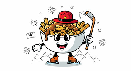 Cartoon Poutine Character with Hockey Stick and Canadian Elements.
