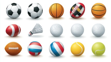 Fototapeta premium Various sports balls & equipment, including soccer, basketball, tennis, golf, rugby, volleyball & badminton