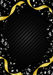 黒と金のリボンと紙吹雪の高級感フレーム背景 | ベクター素材 縦 バナー ポスター カード