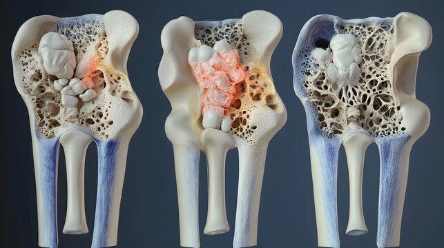 Three stage illustration of porous bone structure with exposed nerve elements in detailed medical anatomy theme. Medical concept