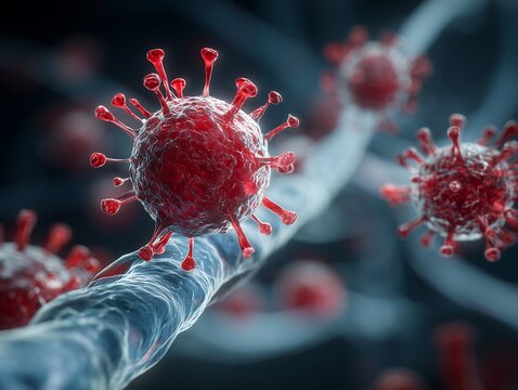 Microscopic view of red Coronavirus cells infecting a blood vessel on dark background. Concept for pandemic awareness, medical research and healthcare campaign