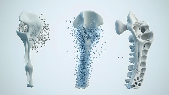 Three stage illustration of porous bone structure with exposed nerve elements in detailed medical anatomy theme. Medical concept