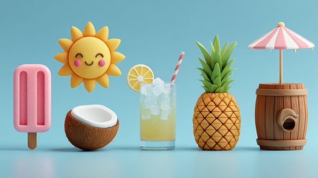Cartoon summer elements sun, popsicle, coconut, drink, pineapple, barrel