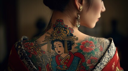 Elegant Woman with Traditional Japanese Tattoo and Vibrant Floral Design on Back