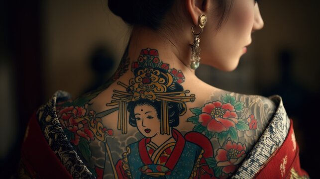 Elegant Woman with Traditional Japanese Tattoo and Vibrant Floral Design on Back