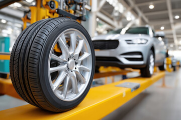 Fototapeta premium Close-Up of Modern Car Tire on Lift with Silver Vehicle in Background at Auto Repair Shop