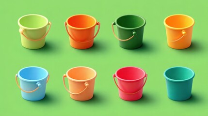 Eight colorful, small buckets are arranged in two rows on a vibrant green surface, showcasing diverse shades and shadows