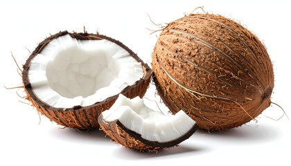 Freshly cut coconut with pieces showcasing white flesh and brown husk against white