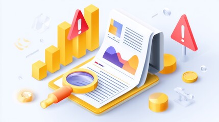 A stylized isometric illustration showing financial analysis. A graph, document, magnifying glass, coins, and caution signs are present