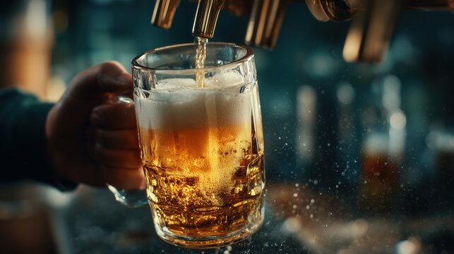 Pouring Cold Beer into a Glass with Bubbles and Foam in a Lively Bar Environment