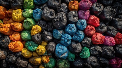 Naklejka premium Colorful Collection of Plastic Bags Stacked in Neat Rows Showing Vibrant Patterns and Textures