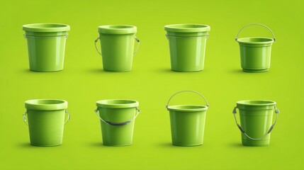Eight light-green buckets of varying sizes, arranged in two rows, displayed on a light-green background