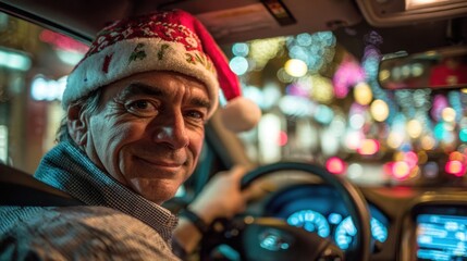 A cheerful driver wearing Santa hat looks back from the front seat, surrounded by festive city lights. The warm holiday mood makes this image ideal for Christmas ads, taxi services, seasonal campaigns