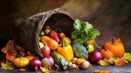 Abundant autumn harvest cornucopia with fresh vegetables and fruits
