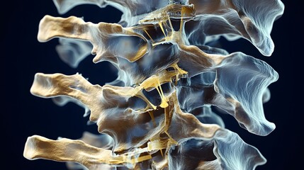Close up view of vertebra segment with highlighted spinal damage area in detailed medical illustration theme. Medical concept