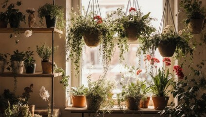 Indoor garden window display with potted plants