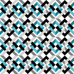 A seamless abstract geometric pattern of teal-green lines woven with black and grey, creating a light 3D effect. Set on a white background with repeating square-diamond forms