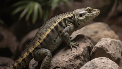 Close-up of a lizard on rocks. Lush foliage in background