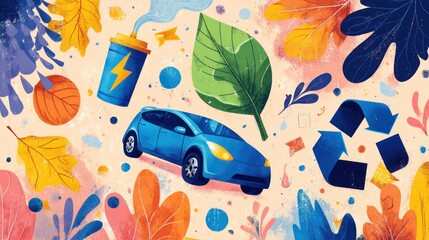 Colorful graphic design with a blue electric car, eco-friendly elements, and autumn leaves