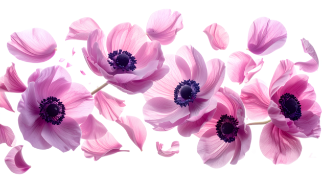 Delicate pink anemone flowers with falling petals creating a beautiful floral border