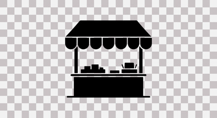 Black silhouette of a market stall or kiosk with awning and products