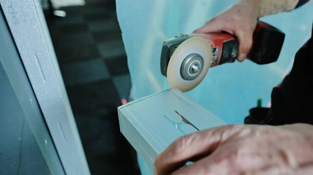 Close-up slow mo, craftsman grinding sharp edge from metal piece, sparks flying