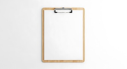 Wooden clipboard with blank white paper sheet mockup on clean white background, top view.