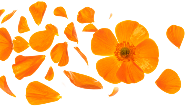 Dynamic composition of a vivid orange flower amidst an artistic scattering of its delicate petals, evoking the radiant energy and vibrant beauty of nature's awakening