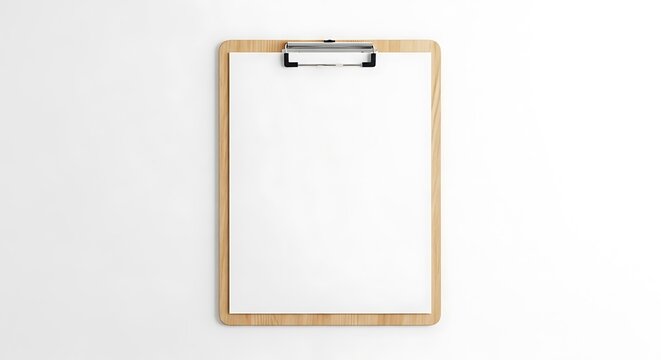 Wooden clipboard with blank white paper sheet mockup on clean white background, top view.