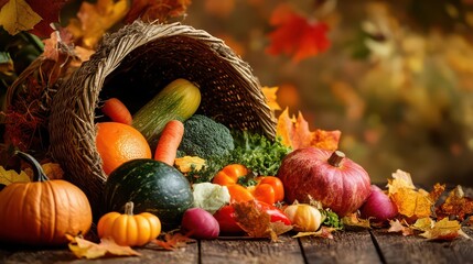 Autumn cornucopia overflowing with fresh harvest vegetables and fruits