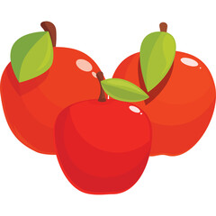 Three Ripe Red Apples With Green Leaves Against A Transparent Background Featuring Shiny Surfaces And A Simple Illustration Style