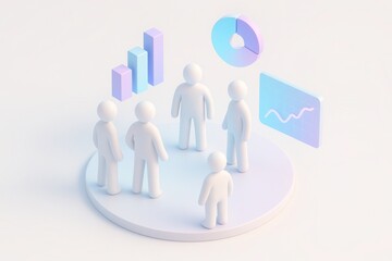Data Analysis Team: a visual representation of a team engaged in data analysis, where abstract figures gather around a visual representation of bar chart and pie chart.