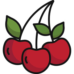 Three Ripe Red Cherries With Green Leaves On A Transparent Background In A Stylized Illustration