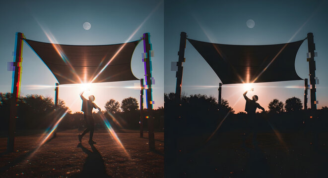 Joyful silhouette of a person with a raised arm against the setting sun, creating a vibrant lens flare in a park