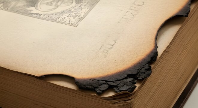 Charred Page of an Antique Book from Fire Damage perfect for Editorial content, historical articles, disaster recovery themes, educational materials,
