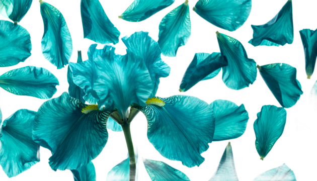 Turquoise Iris with Floating Petals - Striking Floral Arrangement