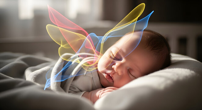 A serene newborn baby sleeps peacefully, adorned with colorful, glowing fairy wings in a soft light.