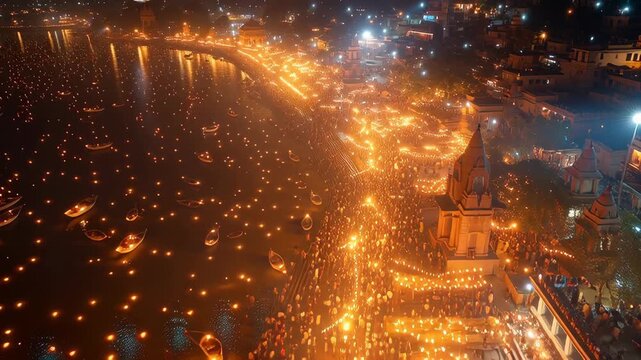 Spectacular Ganga Aarti Ceremony on the Ganges River at Night with Illuminated Boats and Devotees