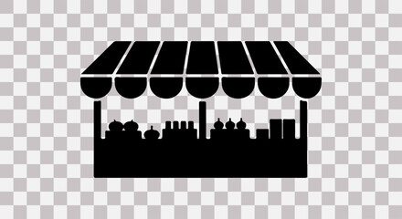 Black silhouette of a market stall with products on transparent background