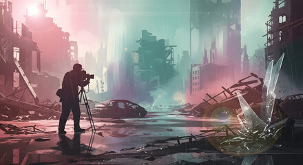 A lone photographer documents the surreal destruction of a flooded, post-apocalyptic city at dusk.