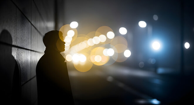 Silhouette of a man standing in the night with blurred lights in the background.