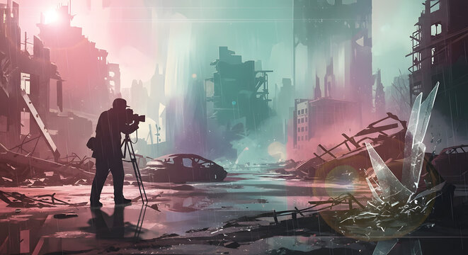 A lone photographer documents the surreal destruction of a flooded, post-apocalyptic city at dusk.