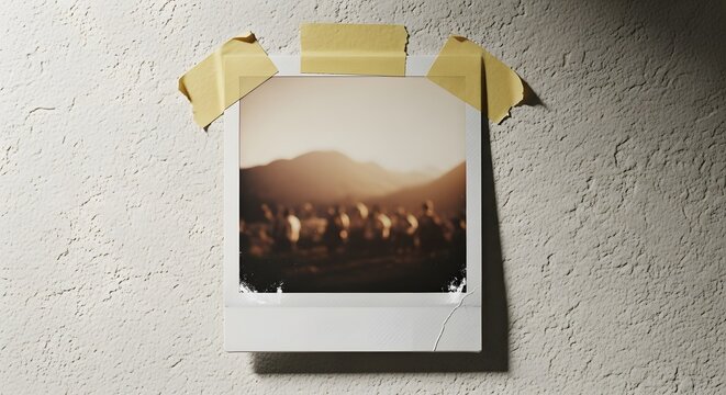 Vintage Polaroid Photo Taped to a Textured Wall with Blurry Landscape perfect for website banner, blog post header, social media background, memory