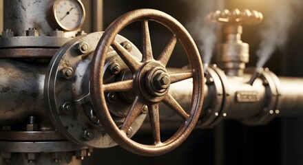 Vintage Industrial Steam Valve with Escaping Steam - Close-up perfect for website banner, blog post illustration, industrial report cover,