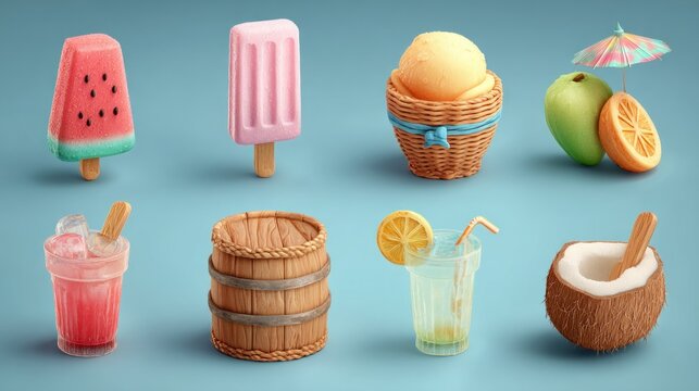 Cute summer treats arranged, popsicles, drinks, and fruit on a serene light blue backdrop
