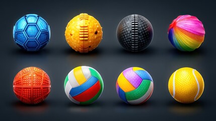 Colorful spherical objects with varied textures and patterns, arranged in two rows