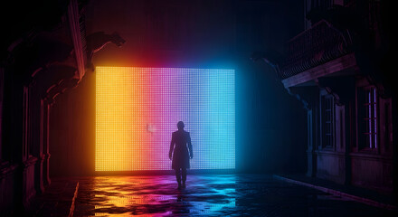 A lone figure walks towards a large, brightly lit, colorful screen in a dark, atmospheric setting.