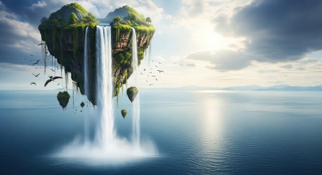 Serene floating island with cascading waterfalls in a dreamy oceanic vista landscape - Powered by Adobe