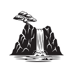 Black silhouette vector illustration of a scenic waterfall flowing over rocks with a stylized pine tree, isolated nature landscape graphic art.
